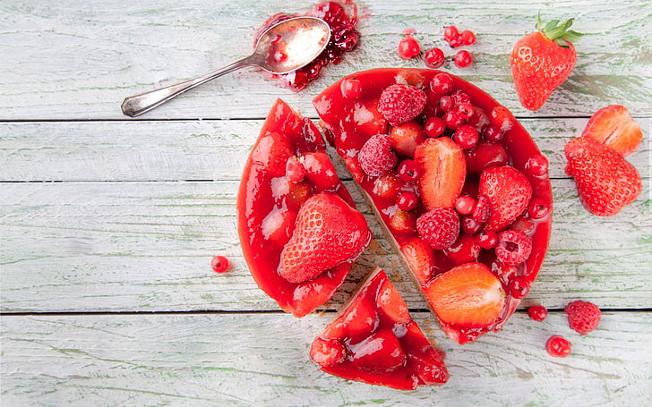 food, spoon, cake, red, fruit, strawberries, raspberries, food and drink, HD wallpaper