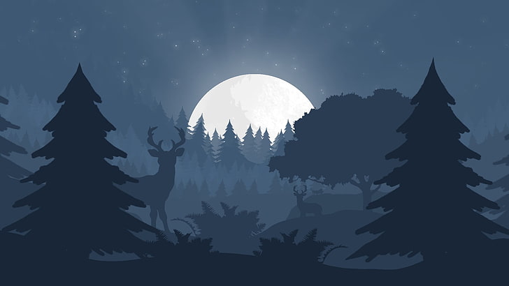 deer and moon wallpaper, minimalism, forest, night, moon rays