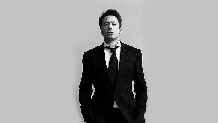 men, Robert Downey Jr., monochrome, suits, tie, portrait, looking at camera