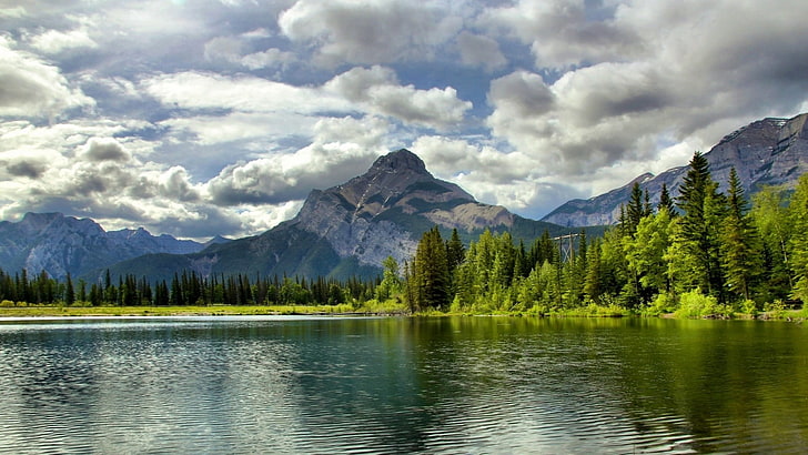 lake with forest and mountain wallpaper, nature, mountains, cloud - sky