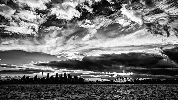 grey clouds, monochrome, Australia, Sydney, sky, sea, cloud - sky, HD wallpaper