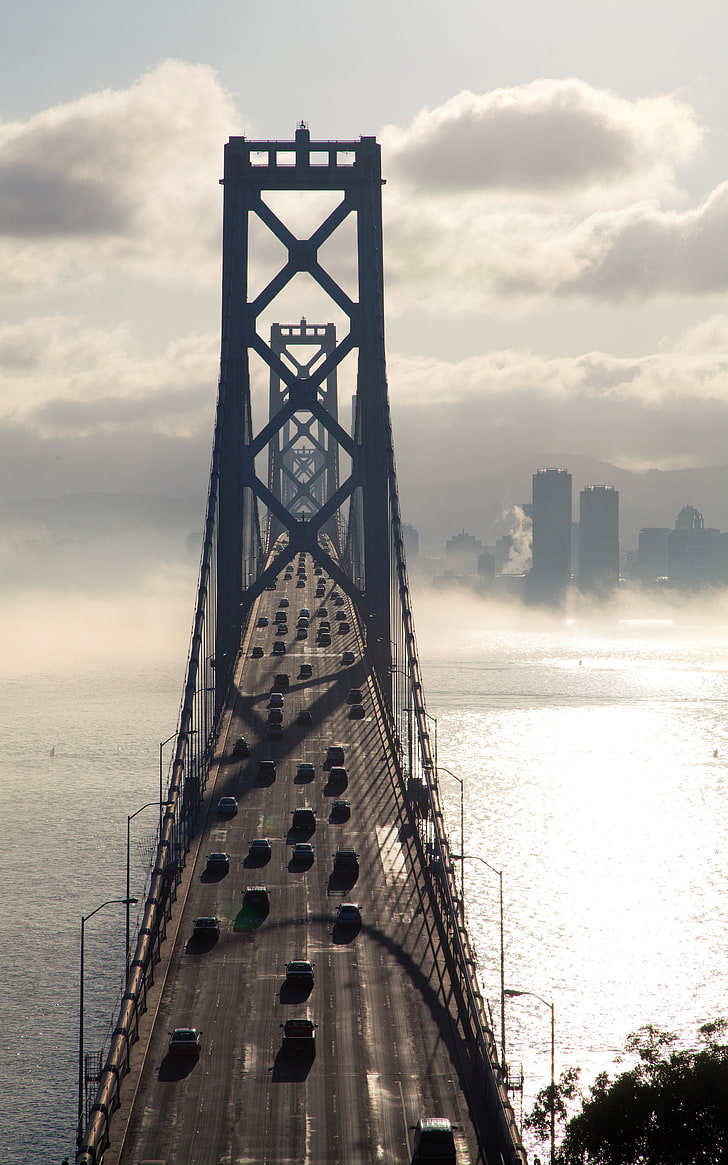 gray bridge, traffic, clouds, bay, San Francisco, USA, portrait display