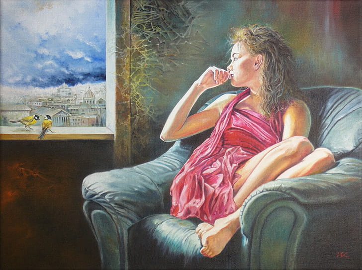 painting, women, window, birds, artwork, HD wallpaper