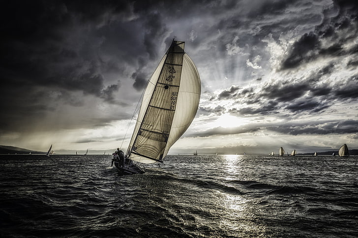 white sailing boat, sea, water, sports, sky, cloud - sky, transportation, HD wallpaper