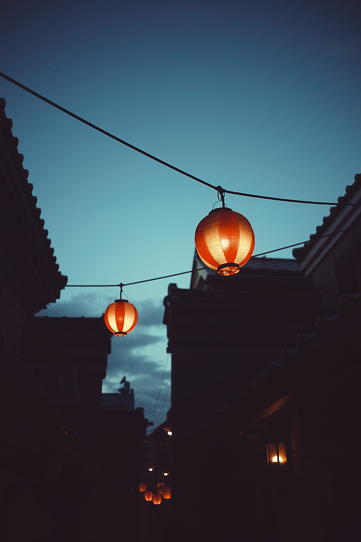 chinese lanterns, night, buildings, sky, HD wallpaper