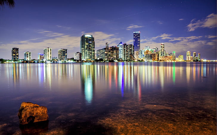 Miami, Florida, USA, ocean, skyscrapers, buildings, city, night, HD wallpaper