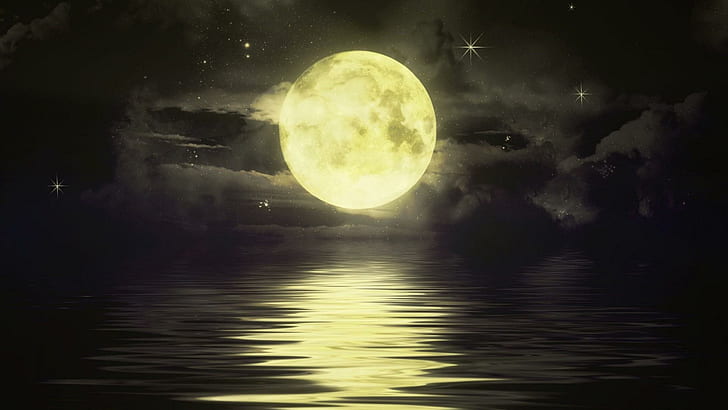 Big Moon Sunset, dark, night, reflection, water, nature and landscapes, HD wallpaper