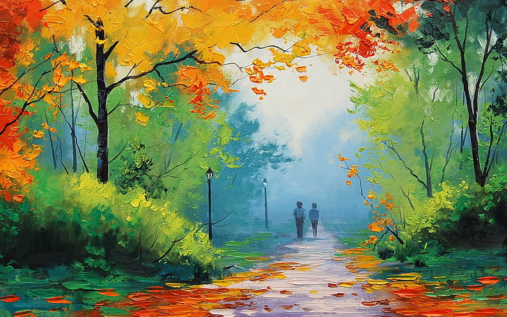 two people walking on the street painting, landscape, lights
