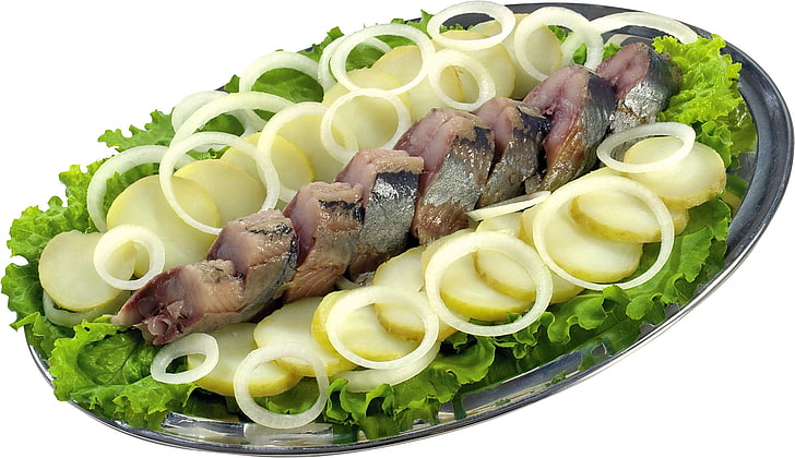 raw fish, herring, lettuce, onions, potatoes, food, meal, gourmet