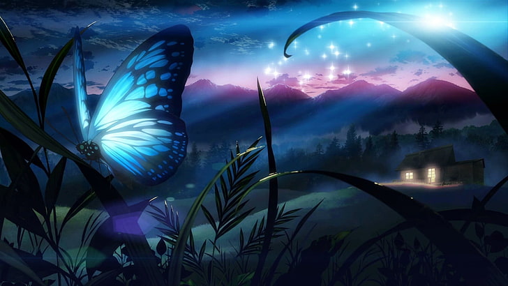 white and blue butterfly perched on grass illustration, anime