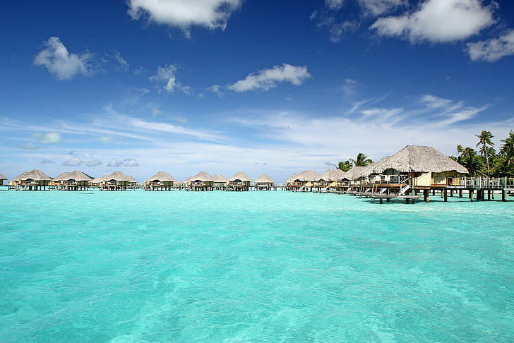 Bora-Bora, the ocean, maldives, Bungalow, pearl beach resort, HD wallpaper