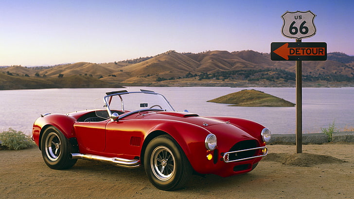 car, road sign, hills, lake, Route 66, Roadster, Shelby Cobra, HD wallpaper