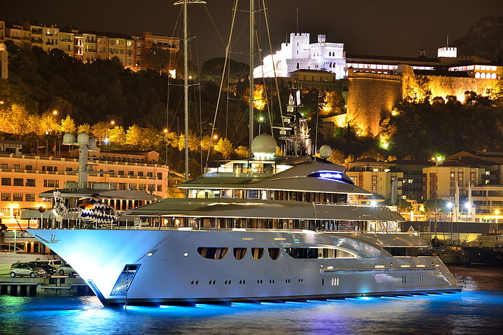 white cruise ship, night, city, the city, castle, mountain, home, HD wallpaper