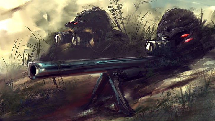 person lying on ground while holding sniper painting, sniper rifle