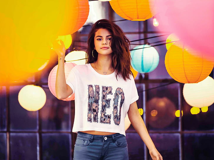 Selena Gomez beautiful, women's white neo crop top, actress, the singer