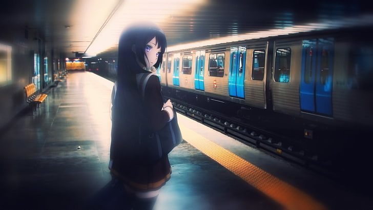 anime girls, metro, women, school, school uniform, illustration