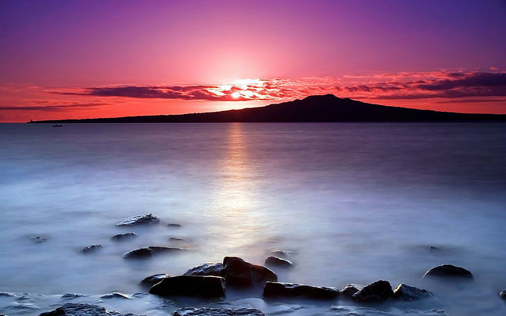 landscape, sea, island, sunset, purple sky, silhouette, long exposure, HD wallpaper