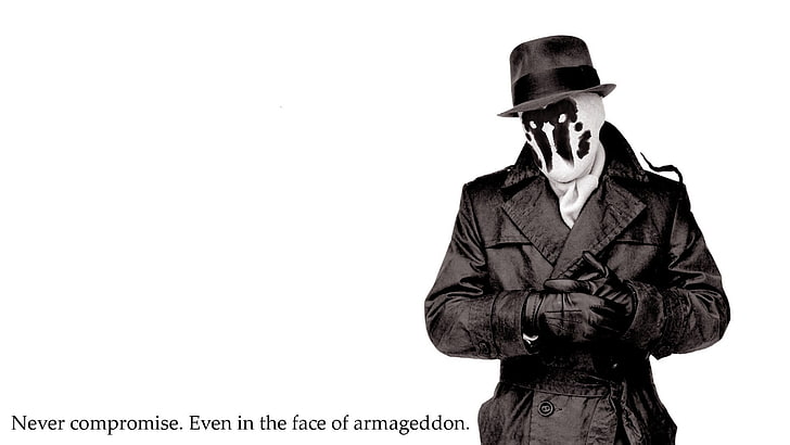 men's black coat, Rorschach, Watchmen, white background, quote