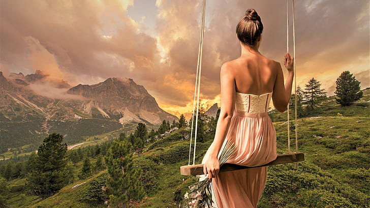 woman, mountain, romantic, swing, artistic, sunlight, cg artwork, HD wallpaper