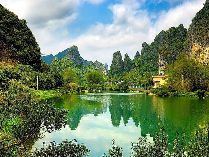 lagoon surrounded by mountain cliff landscape, china, pond, coast, HD wallpaper