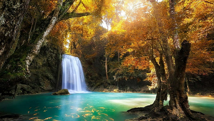 waterfall, autumn, erawan national park, nature, erawan falls, HD wallpaper