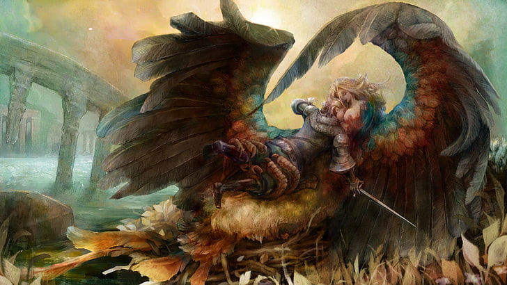 man holding sword painting, harpy, knight, wings, fictional, armor