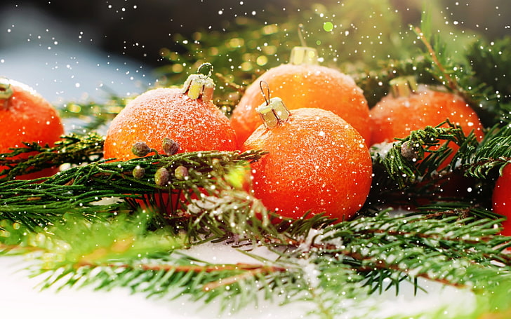orange baubles, New Year, snow, Christmas ornaments, leaves, glitter ball, HD wallpaper