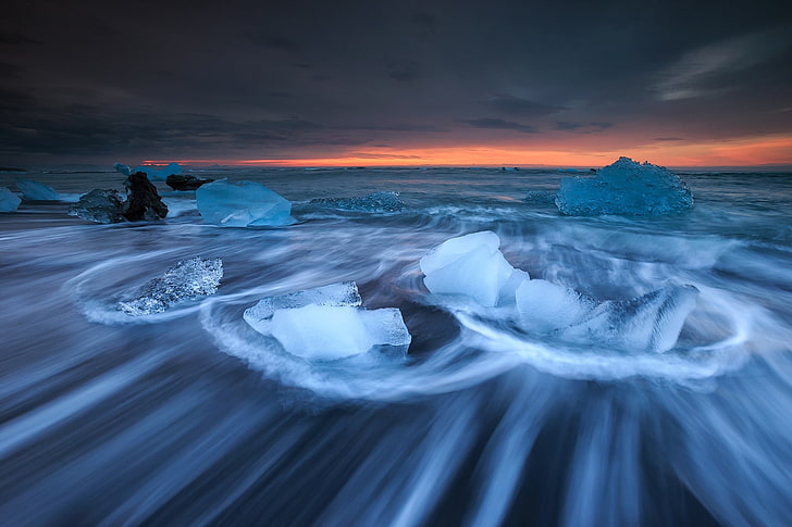 sunset, ice, nature, sea, long exposure, water, cold temperature