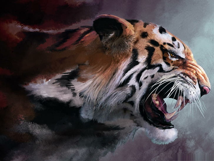 Angry Tiger Paint, tiger growling painting, wild life, animals, HD wallpaper