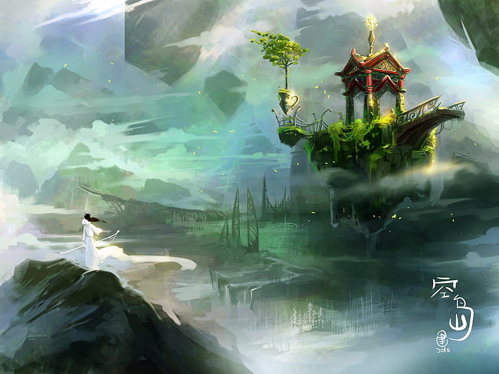 man standing on mountain facing temple painting, fantasy art