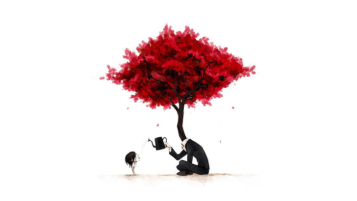 man with red tree head holding watering can illustration, trees, HD wallpaper