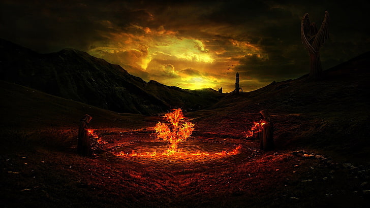 wizard allpaper, silhouette of mountain during twilight, fantasy art