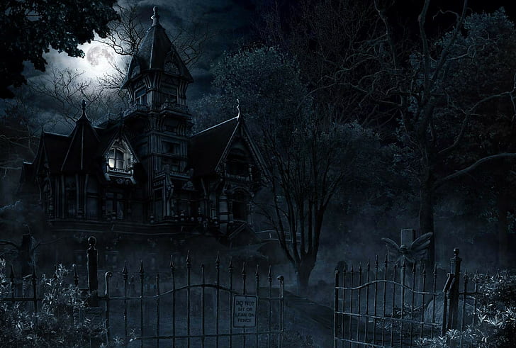 fantasy art, night, spooky, Gothic, house
