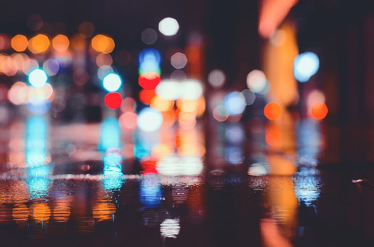 bokeh lights, urban, street, reflection, rain, defocused, night, HD wallpaper