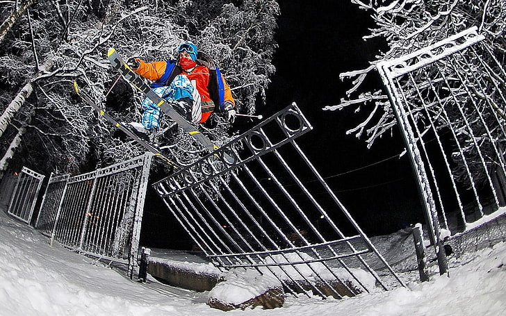 fence, skis, snow, night, winter, cold temperature, nature