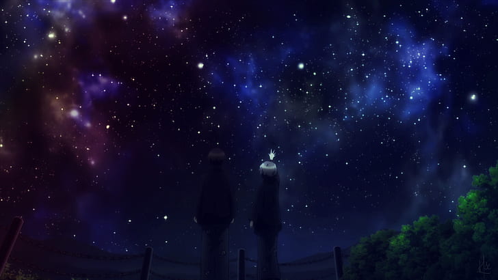 stars, Nagato Yuki, space, blue, Nagato Yuki-chan no Shoushitsu, HD wallpaper