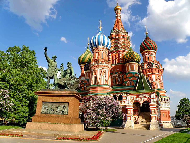 St. Basils Cathedral, Russia, Moscow, a monument to Minin and Pozharsky, HD wallpaper