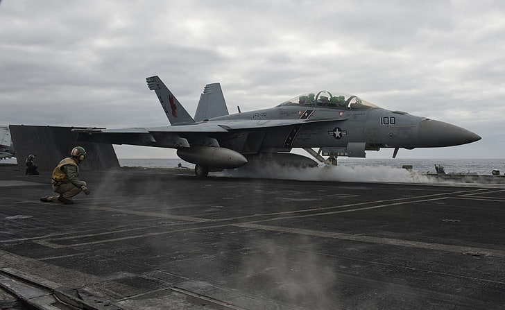 A Jet Launches from the Flight Deck of USS..., gray plane, Army, HD wallpaper