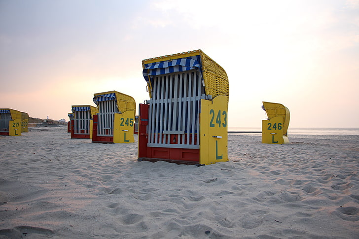 beach, coast, Germany, sand, land, sky, hooded beach chair, HD wallpaper