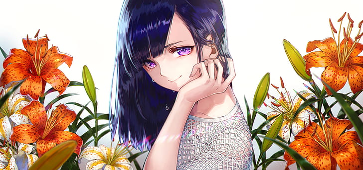 anime, anime girls, blue hair, flowers, HD wallpaper