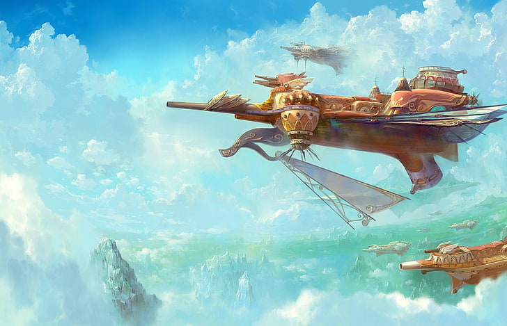 fantasy art, airships, cloud - sky, water, nature, sea, day, HD wallpaper
