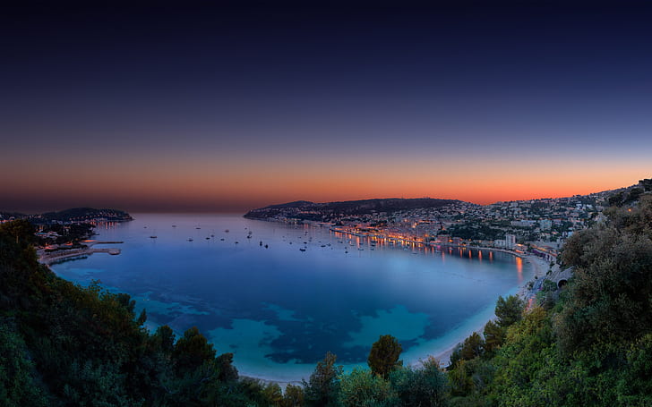 French Riviera, evening panorama, bay, dusk, sunset, Monaco, HD wallpaper