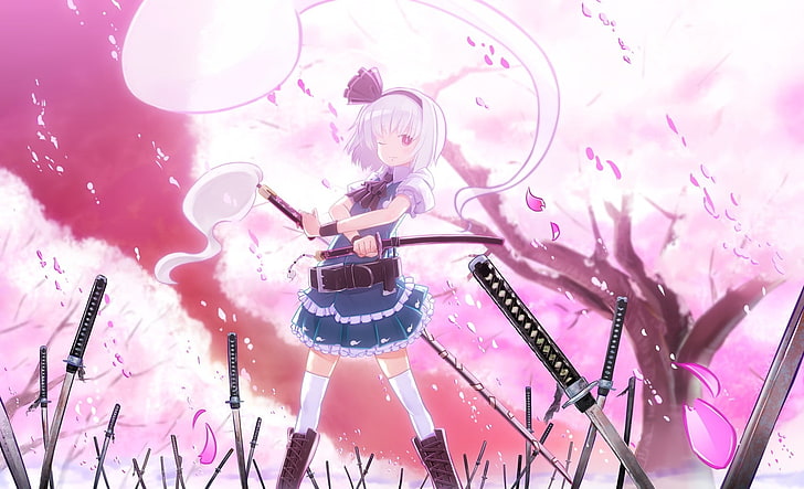 Hd Wallpaper Touhou Cherry Blossoms Katana Weapons Konpaku Youmu Thigh