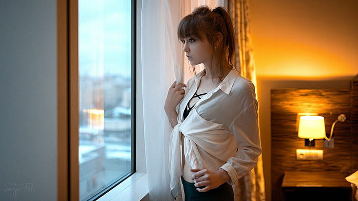 women indoors, long hair, Olya Pushkina, redhead, shirt, Sergey Fat, HD wallpaper