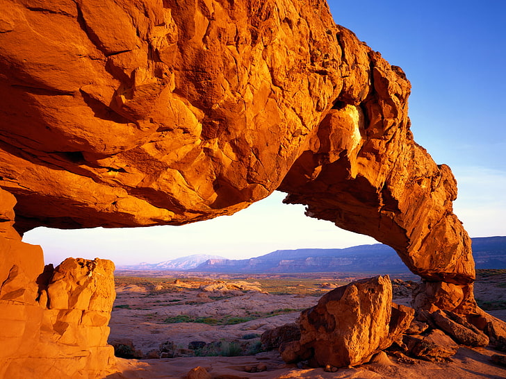 mountains, arch, desert, landscape, rock formation, Arches National Park, HD wallpaper