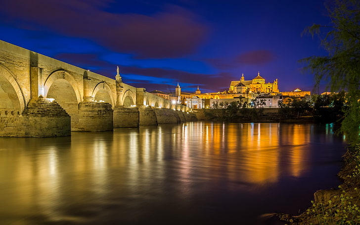 Cordoba Bridge Lights Spain, bridge on water towards building photography, HD wallpaper