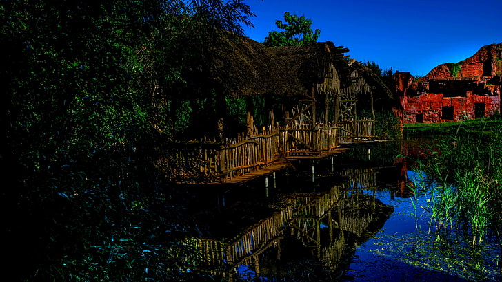 reflection, nature, water, night, bungalow, sky, overwater, HD wallpaper