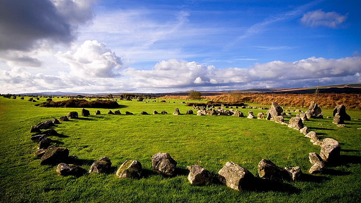 landscape, sky, clouds, horizon, Ireland, rock, stones, trees, HD wallpaper