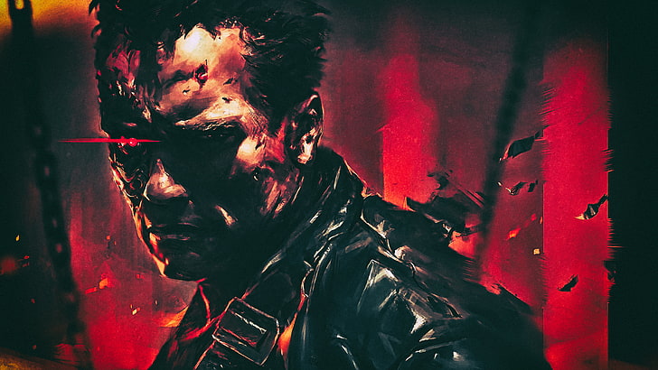 man in black leather jacket painting, Terminator 2, T-800, cyborg