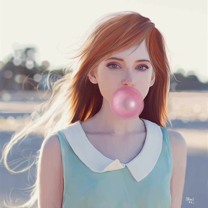 women's teal sleeveless top, redhead, bubble gum, drawing, outdoors, HD wallpaper